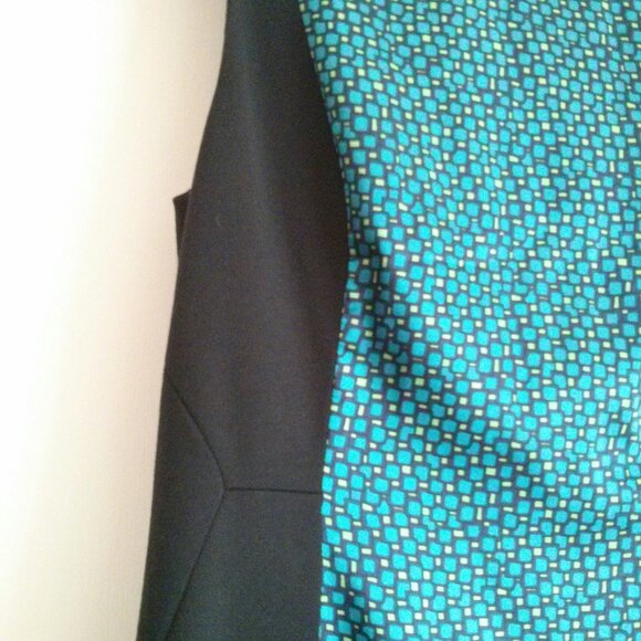 NWT Black Sheath Dress Slimming Blue Geometric Panel - Size 14 Office Chic Retro - Picture 5 of 10